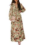 BLENCOT Women Dress Casual Boho Floral Printed Deep V Neck Loose Long Sleeve Long Evening Dress Ruched Maxi Wedding Guest Dresses Apricot X-Large