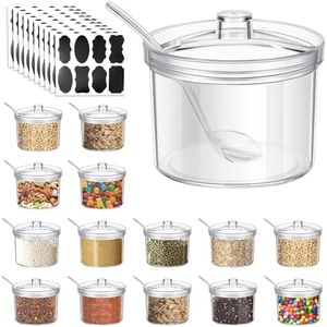 TANEMUDO 14 Pieces Acrylic Sugar Containers with Lids and Spoons for Countertop, Clear Sugar Holder Dispenser Salt Bowl with 10 Labels for Serving Condiment Candy Coffee Tea Spices Herbs (7.1 oz)