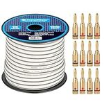 InstallGear 14 Gauge AWG 100ft Speaker Wire Cable - White with 12 Banana Plugs (Great Use for Car Speakers Stereos, Home Theater Speakers, Surround Sound, Radio)