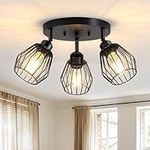 3-Light Ceiling Light Fixtures, Adjustable Multi-Directional Ceiling Fixture, Farmhouse Black Metal Cage Flush Mount Ceiling Light Fixtures for Hallway Kitchen Dining Room Entryway