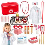 Doctor Kit for Toddlers 3-5, 34 Pcs Preschool Pretend Play Medical Kit with Doctor Costume, Stethoscope & Other Woode Accessories, Dentist Kit for Kids, Toys for Girls Fun Role Playing Game