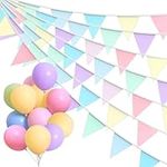 Alintor Pastel Bunting + 18 Pastel Balloons, 46 Flags Fabric Bunting, Birthday Bunting, Bunting Flags for Christening, Baby Shower, Garden Decorations