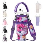 AceTreker 40 oz Stanley Tumbler Sleeve Bag with Paracord Handle & Straw Cap, Neoprene Vacuum Insulated Travel Mug Carrier Pouch with 2 Pockets & Shoulder Strap for Car Home Work-Purple Rose