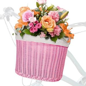 COFIT Hand Woven Bike Baskets for Women, Large Capacity Imitated Wicker Front Handlebar Basket with Liner Detachable for Bicycle, Cruisers, Scooter (Large Pink)