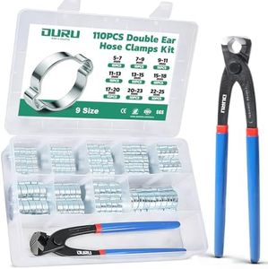 OURU 110PCS Double Ear Hose Clamps Kit with Standard Jaw Pincer, 9 Sizes 5-25mm Galvanized Steel Crimp Rings for Hoses, Tubes, and Pipelines