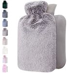 Qomfor Hot Water Bottle with Fluffy Cover - Soft Premium Faux Fur Cover - 1.8l Large Capacity - Hot Water Bag for Cosy Nights, Pain Relief, Back, Neck and Shoulders - Great Gift for Women (Light Grey)