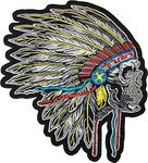 [Large Size] Papapatch Feathered Indian Chief Head Death Skull Biker Motorcycle Jacket Vest Embroidered Sew on Iron on Patch (IRON-FEATHER-INDIAN-03-LARGE)