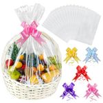 20pcs Large Clear Cellophane Basket Bags Christmas Fruit Bags, 40x31 inches Basket Wrap Bags Hamper Wrapping Bags with 20pcs Bows, for Halloween Easter Fruit Baskets and Present Packaging