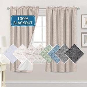 H.VERSAILTEX Linen Look 100% Blackout Curtains for Bedroom Full Light Blocking Rod Pocket Linen Textured Thick Window Curtain Drapes with White Backing, 2 Panels Set, Each W132cm x D160cm, Natural