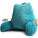 Clara Clark Reading Pillow for Bed Adult – Back Pillow for Sitting in Bed, Standard Plush Bed Pillows for Sitting Up in Bed, Shredded Foam Bed Chair Pillow with Arms and Pockets, Teal Bed Rest Pillow