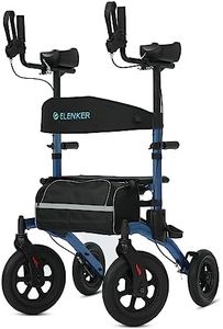 ELENKER All-Terrain Upright Rollator Walker, Stand up Rolling Walker with Seat, 12” Non-Pneumatic Tire Wheels, Compact Folding Design for Seniors, Blue