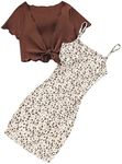 OYOANGLE Girl's 2 Piece Outfits Floral Print Sleeveless Cute Cami Dresses and Short Sleeve Lettuce Trim Tie Front Top Sets Brown 15Y