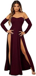 SweatyRocks Women's Elegant Off Shoulder Double High Slit Long Sleeve Dress A Line Maxi Dresses Maroon L