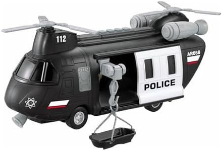 Vokodo Police Helicopter 11" With Lights & Sounds Push And Go Tandem Rotor Aircraft Carrier With Rescue Basket Toy Friction Powered Kids SWAT Transport Copter Truck Pretend Play Toys Ages 3 4 5 6 Boys
