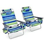 Goplus Backpack Beach Chairs, 2 Pcs Portable Camping Chairs with Cool Bag and Cup Holder, 5-Position Outdoor Reclining Chairs for Sunbathing, Fishing, Travelling (Blue+Green, Without Side Table)