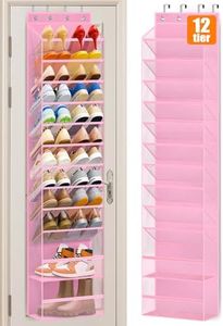 MISSLO 12 Tier Over the Door Shoe Organizer Breathable Mesh Hanging Shoe Rack for Closet Storage Shoe Holder for Door Fit 24 Pairs Sandals, Heels, Boots (Pink)