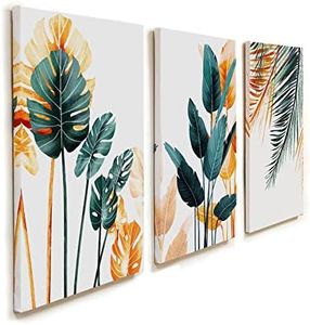 KK·COLOR Canvas Prints Wall Art, Original Designed Framed Tropical Plants Pictures, Minimalist Watercolor Painting Palm Monstera Green Leaf for Living Room Office Bedroom BathRoom 3 Piece 12" X 16"