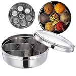 Pick N Save Masala Dabba - Indian Spice Box, Transperent Lid, 7 Compartments, Highest food grade Stainless Steel Tin, with FREE Serving spoon (16cm, Transparent Lid)