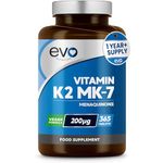 EVO NUTRITION Vitamin K2 MK-7 200mcg | 365 Vegetarian and Vegan Tablets (not Capsules) | 1-A-Day | Supports Maintenance of Normal Bones | One Years Supply of High Strength Vitamin K2 Menaquinone MK7