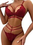 Ella Lust Sexy Lingerie for Women - Delicate Floral Lace Bra and Strappy Panty Matching Ring Exotic Two Piece Underwear Set, Wine, Medium