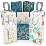 ARTEZA Gift Bags, Set of 16, Assortment of 5 Unique Metallic Foil Designs on 10 White Paper Bag and 6 Blue Paper Bag (2 of Each Style), Gift Wrap Birthday, Wedding Presents (24 x 17.8 x 8.6 cm)