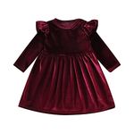 Toddler Baby Girl Velvet Tutu Dress Ruffle Long Sleeve Princess Pageant Christmas Party Wedding Dresses Fall Winter Clothes Infant Kids Birthday Holiday Playwear Dresses Outfits Wine Red 18-24 Months