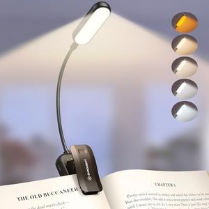 Glocusent 20 LED Book Light for Reading in Bed, Eye Caring Reading Light, 5 Colors & 5 Brightness 3–100LM Dimmable, 1200mAh Rechargeable to 90 Hrs, Lightweight Clip on Light for Book Lovers