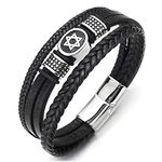 Men Three-Strand Black Braided Leather Bracelet with Steel Star of David Oval and Dotted Beads Charm(CA)