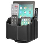 Hossejoy Remote Control Holder 5 Compartments 360 Degrees Rotatable Desktop Supply Organizer PU Leather Storage Caddy Box for TV Guide, Mail,Electronics,Phone,Eyeglasses,Cosmetic Pens，Black