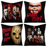 4Pcs Horror Classic Movie Characters Pillow Covers, 18 x 18 Inch Halloween Friday The 13th Throw Pillow Case Linen Decorative Square Cushion Covers for Horror Theme Party Decor Birthday Gift