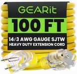 GEARit Outdoor 14 AWG Gauge 3 Prong Plug 100 Foot Extension Cord, Power Cord for Lawn, Garden, Appliances, 14/3, SJTW Heavy Duty for Indoor/Outdoor, All Purpose Weather Resistant, 100 Feet, Yellow