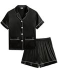 SWOMOG Satin Pajamas Sets Silk Button-Down Pjs Short Sleeve Nightwear Comfy Lounge Set Black