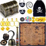 116 Pieces Pirate Treasure Toys, Pirate Treasure Chest Box with Coins Jewels Gems and Pirate Map Compass Telescope for Boy Girl Halloween Cosplay Props Pirate Theme Party Decoration Favor Supplies