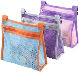 Leberna 3PCS Seashell Collecting Bags, Mesh Beach Bags Colorful Seashell Bags Adjustable Strap for Holding Shell Sea Pool Sand Toy (Lake Blue+Purple+Pink)