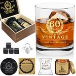 60th Birthday Gifts Ideas for Men: Gold Printed Whiskey Glass Set with Wood Box - 60 Year Old Bday Gift for Man - Mens Vintage 60 Th Anniversary Presents for Him Dad Husband Brother Male Friends