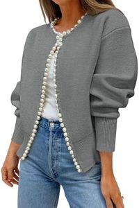 Kedera Women's Cropped Cardigan Sweater Crewneck Classic Casual Open Front Soft Crochet Knit Top Grey