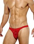 Casey Kevin Men's Thongs Underwear Sexy Low Rise G-Strings Lace See Through Thong Red L