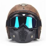 MRDEAR Jet Scooter Helmet Retro Open Face Motorbike Helmet Vintage Brown PU Leather Motorcycle Crash Helmet Biker Chopper Pilot Cruiser with Visor Mask Goggles,XXL