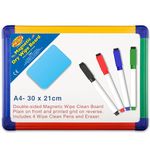 Premium A4 Magnetic Whiteboard 30 x 21cm- Double-Sided with Dry Erase Surface - Grid Printed on 1 Side - Ideal for Kids & Adults - Home & Office - Includes 4 Wipe Clean Pens and Eraser