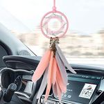 Alynsehom Dream Catcher Car Interior Rearview Mirror Hanging Decor Handmade Grids Nature Feather Small Boho Car Charms Pendant Accessories (pink)