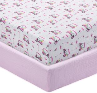 LollyBanks Muslin Crib Sheets 2 Pack, Soft and Breathable Baby Crib Sheets for Standard 52 x 28 inches Mattress, 100% Cotton Neutral Baby Bed Sheet, Infant Necessities (Pink Golf and Solid Pink)