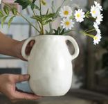 White Ceramic Vase Porcelain with 2 Handles, Modern Farmhouse Vase for Home Decor, Rustic Terracotta Vase, Decorative Pottery Flower Vase, Clay Small Vase, Centerpieces for Dining Table (White)