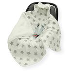 CAR SEAT Baby Blanket/Footmuff/Cosy Toes/Cotton & Waffle-Effect Mink Plush 80 x 80cm Dual Layer with Hood (LG Grey Star on White/White)