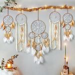 LOMOHOO Dream Catchers set of 5 Moon and Sun Design Boho Wall Hanging Room Decor,Handmade Feathers DreamCatcher for Boys Girls Bedroom Home Decoration,Brown