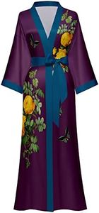 Women's Long Silk Robes Long Satin Robes Long Kimono Robes Floral Silky Bathrobes Dressing Gown, One Size, Dark Purple, One size