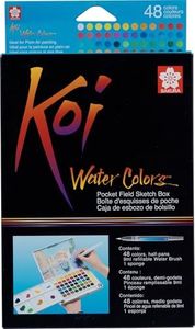 SAKURA Koi Pocket Field Sketch Kit - Watercolor Sets for Painting On the Go - 48 Colors - 1 Water Brush - 1 Sponge - 1 Mixing Palette