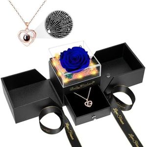 Preserved Mothers Day Rose for Mom,Birthday Gifts for Women,Preserved Blue Rose Flower with Necklace and Light,Mom Gift from Daughter,Real Flower for Her,Wife,Grandma,Anniversary,Valentines