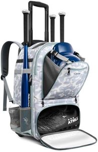AUROTIER Rolling Softball Backpack with Off-road Wheels, Large Catchers Gear Bag for TBall, Wheeled Bat Bag for Softball Equipment, 4 Bats, Helmet & Accessories with Fence Hook, Grey-blue