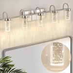 Litake Bathroom Light Fixtures, 5 Light Brushed Nickel Bathroom Vanity Light Over Mirror with Crystal Bubble and Clear Glass Dimmable 3 Color Temperatures for Hallway Kitchen Bedroom Living Room