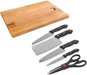 HUBBER Wooden Chopping Board with Knife Set and Scissor, 6 Piece Stainless Steel Kitchen Knife Knives Set with Knife Scissor, Knife Sets(Pack of 1)